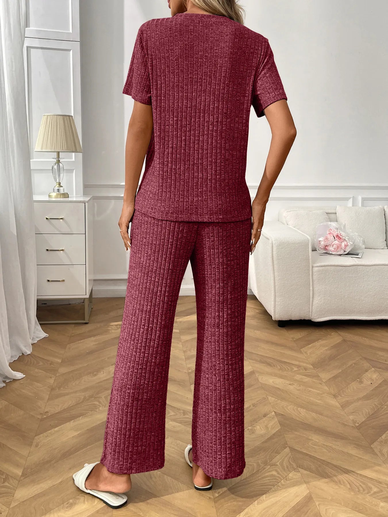Ribbed Knit Short Sleeve Top and Pants Lounge Set - Jeans Junction Online