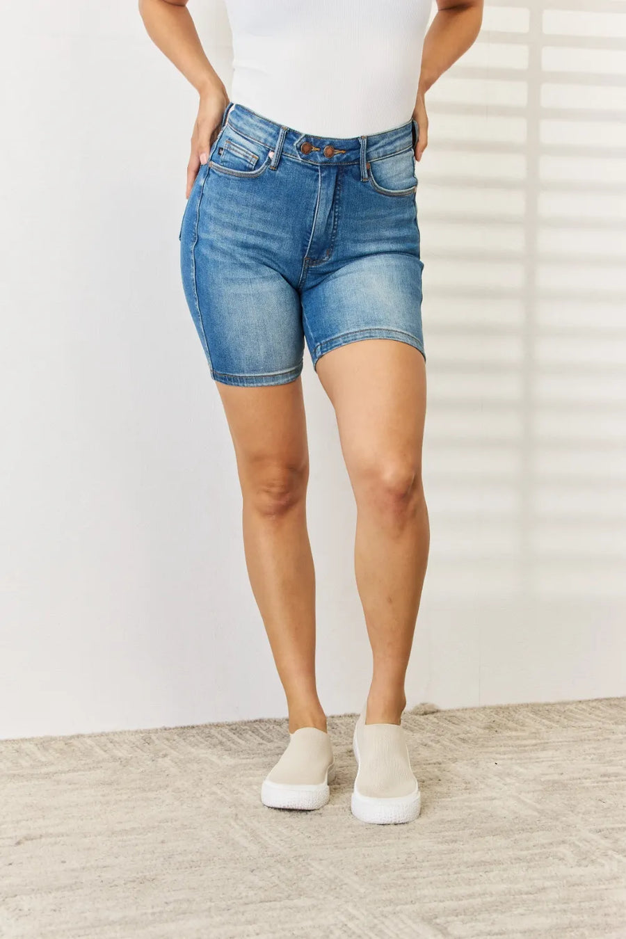 Judy Blue Full Size Tummy Control Double Button Bermuda Denim Shorts - Jeans Junction Online 