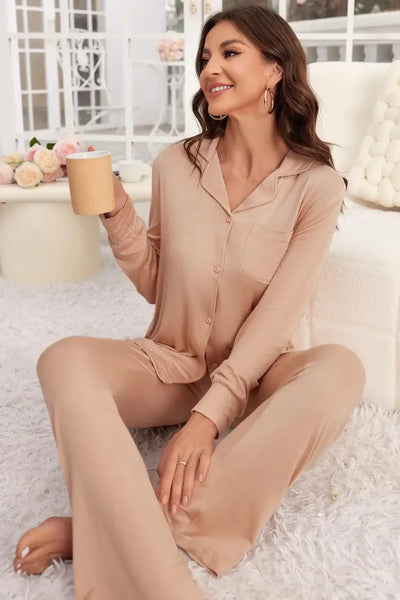 Button Up Long Sleeve Top and Pants Lounge Set - Jeans Junction Online