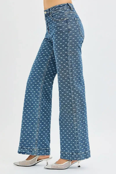 RISEN High Rise Wide Leg Bow Embroidered Jeans - Jeans Junction Online