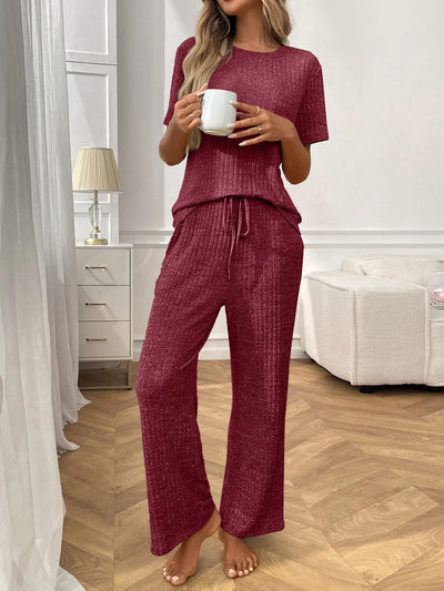Ribbed Knit Short Sleeve Top and Pants Lounge Set - Jeans Junction Online