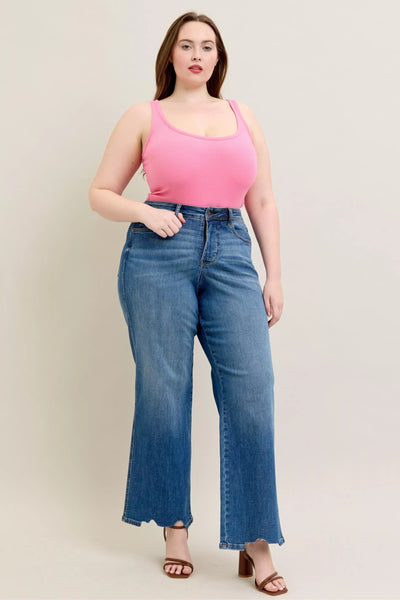 Judy Blue Full Size High Waist Tummy Control Chew Hem Destroy Wide Jeans Plus Size - Jeans Junction Online