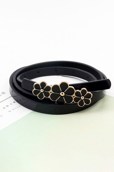 Flower Decor Skinny PU Belt - Jeans Junction Online