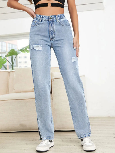 Distressed Slit Straight Leg Jeans - Jeans Junction Online