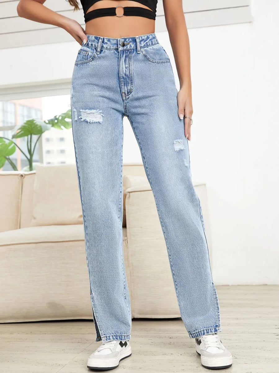 Distressed Slit Straight Leg Jeans - Jeans Junction Online 