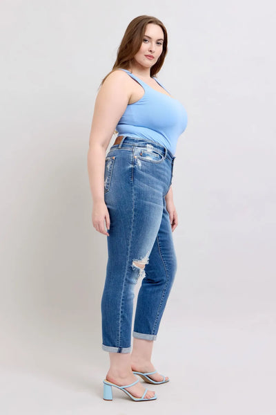 Judy Blue Full Size Button Fly Distressed Jeans with Pockets Plus Size - Jeans Junction Online