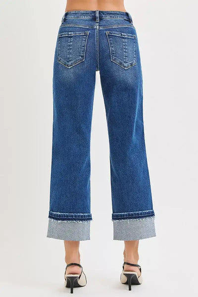 RISEN Mid Rise Ankle Straight Jeans with Cuffed Hem - Jeans Junction Online