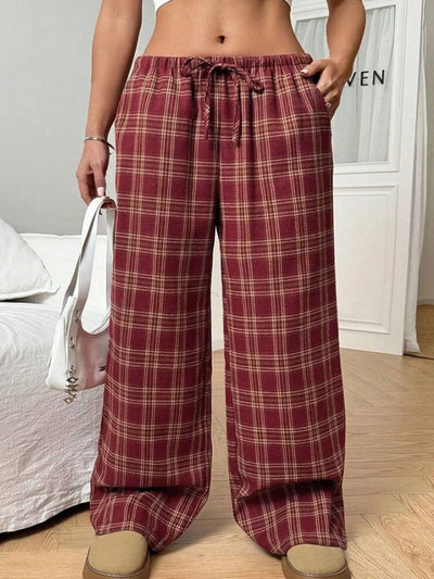 Plaid Drawstring Wide Leg Pants - Jeans Junction Online