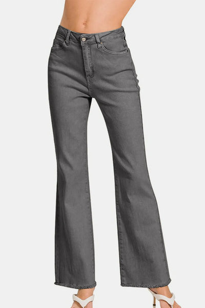 Zenana Acid Washed Frayed Hem Bootcut Jeans - Jeans Junction Online