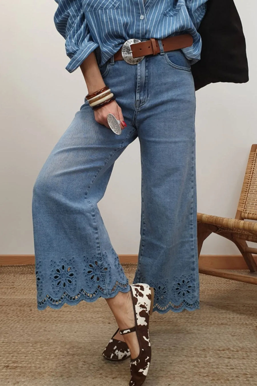 Lace Detail Cropped Wide Leg Jeans - Jeans Junction Online 