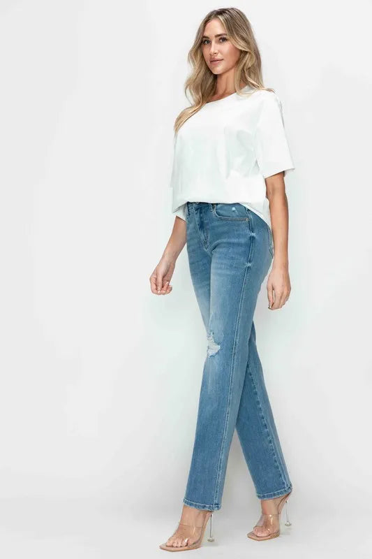 bytos Full Size Distressed High Rise Straight Jeans - Jeans Junction Online