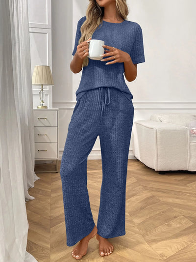 Ribbed Knit Short Sleeve Top and Pants Lounge Set - Jeans Junction Online