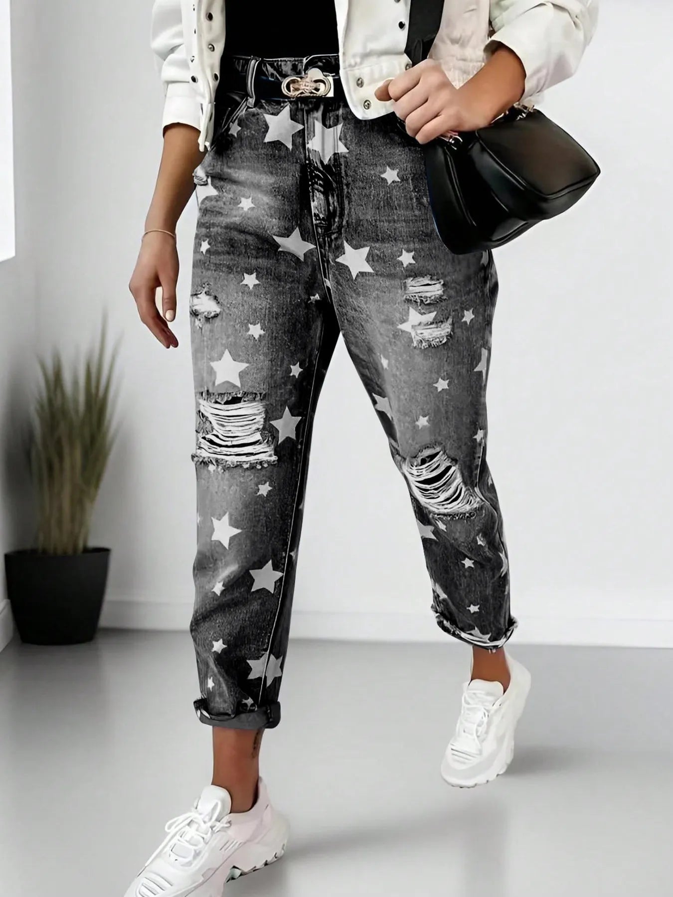 Star Print Distressed High Waist Boyfriend Jeans - Jeans Junction Online