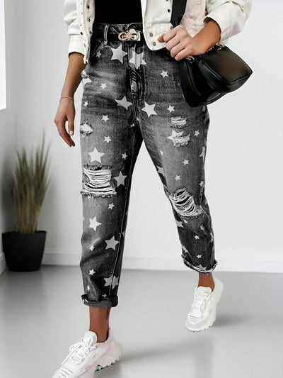 Star Print Distressed High Waist Boyfriend Jeans - Jeans Junction Online