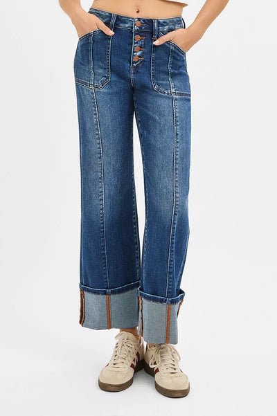 RISEN Full Size High Rise Crop Wide Straight Cuffed Jeans Plus Size - Jeans Junction Online