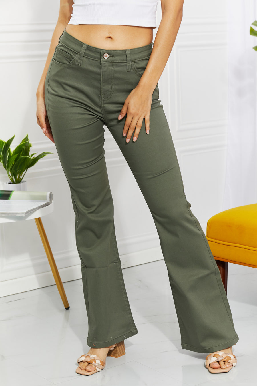 Zenana Clementine Full Size High-Rise Bootcut Jeans in Olive - Jeans Junction Online 