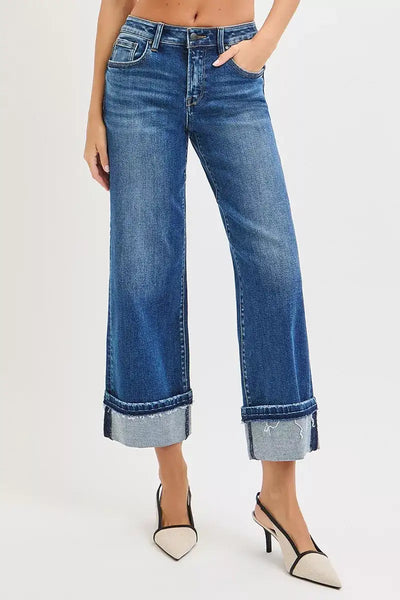 RISEN Mid Rise Ankle Straight Jeans with Cuffed Hem - Jeans Junction Online