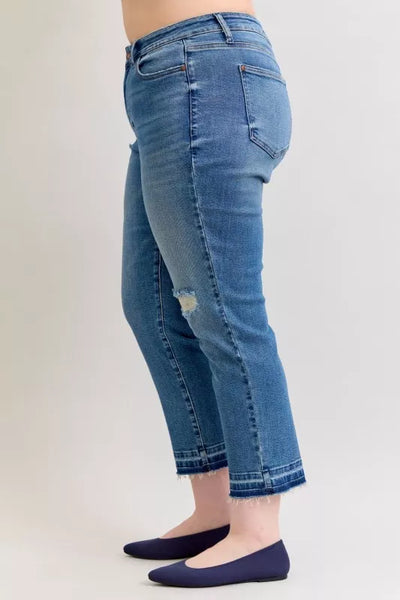 Judy Blue Full Size Mid Rise Bf Patch & Repair Destroy Release Hem Jeans Plus Size - Jeans Junction Online