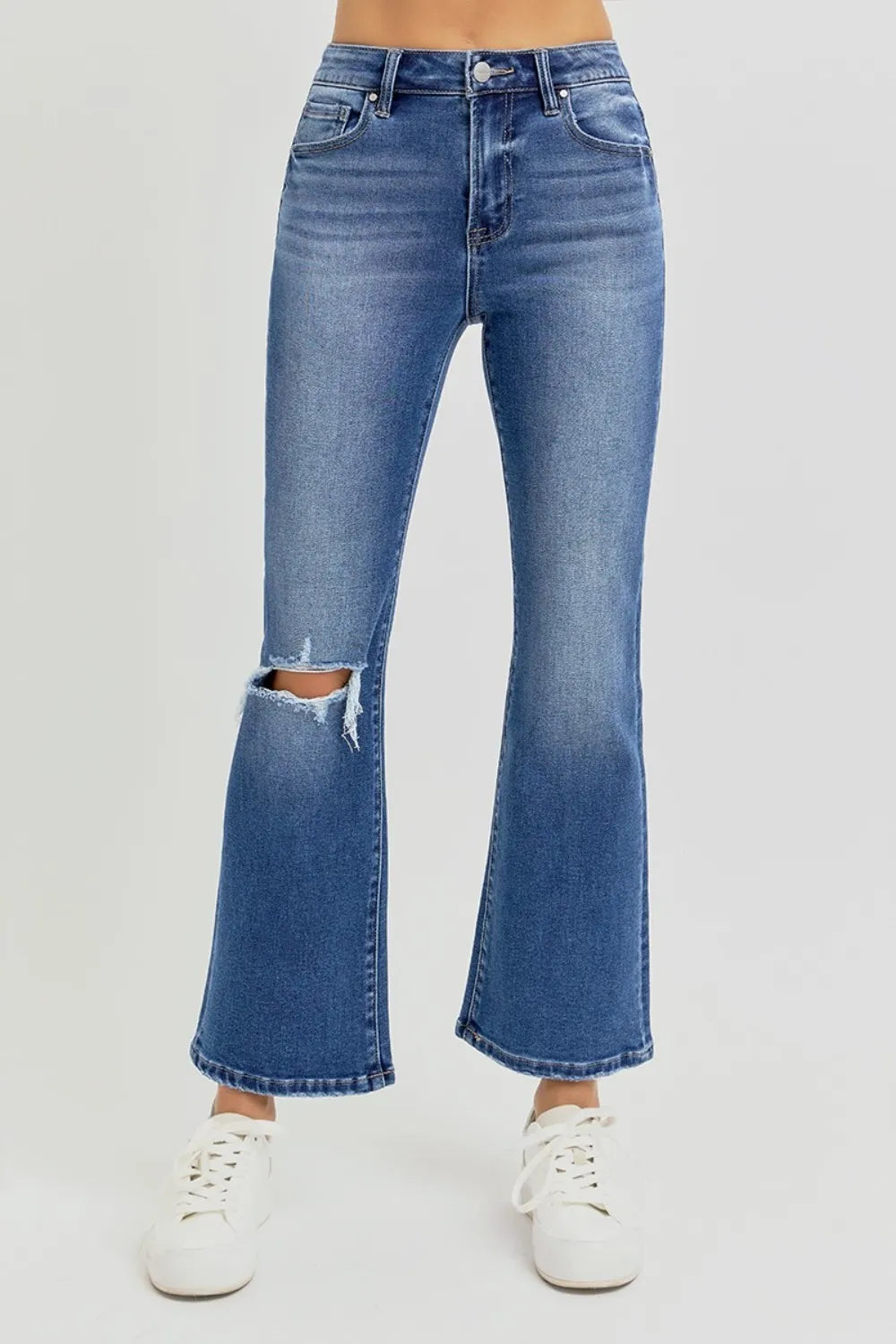 RISEN Full Size Distressed High Rise Crop Flare Jeans - Jeans Junction Online