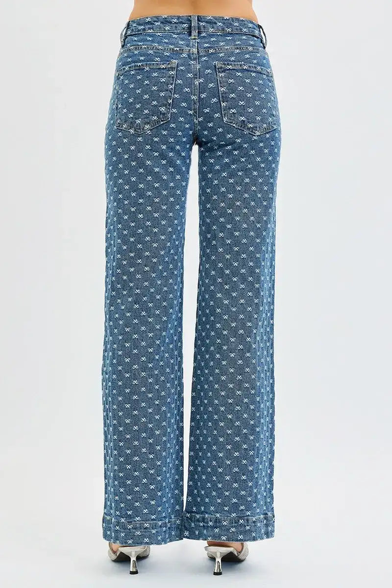 RISEN High Rise Wide Leg Bow Embroidered Jeans - Jeans Junction Online