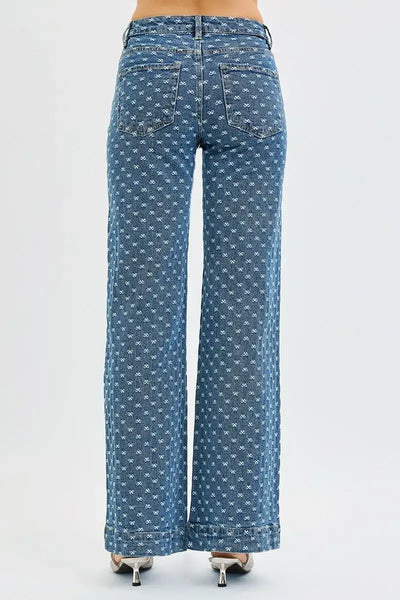 RISEN High Rise Wide Leg Bow Embroidered Jeans - Jeans Junction Online
