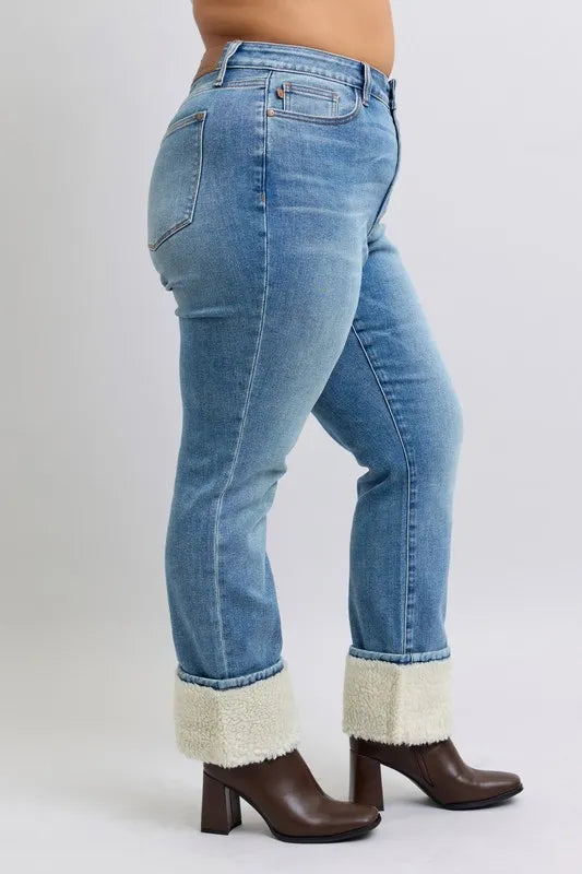 Judy Blue Full Size High Waist Shearling Cuff Straight Plus Size - Jeans Junction Online