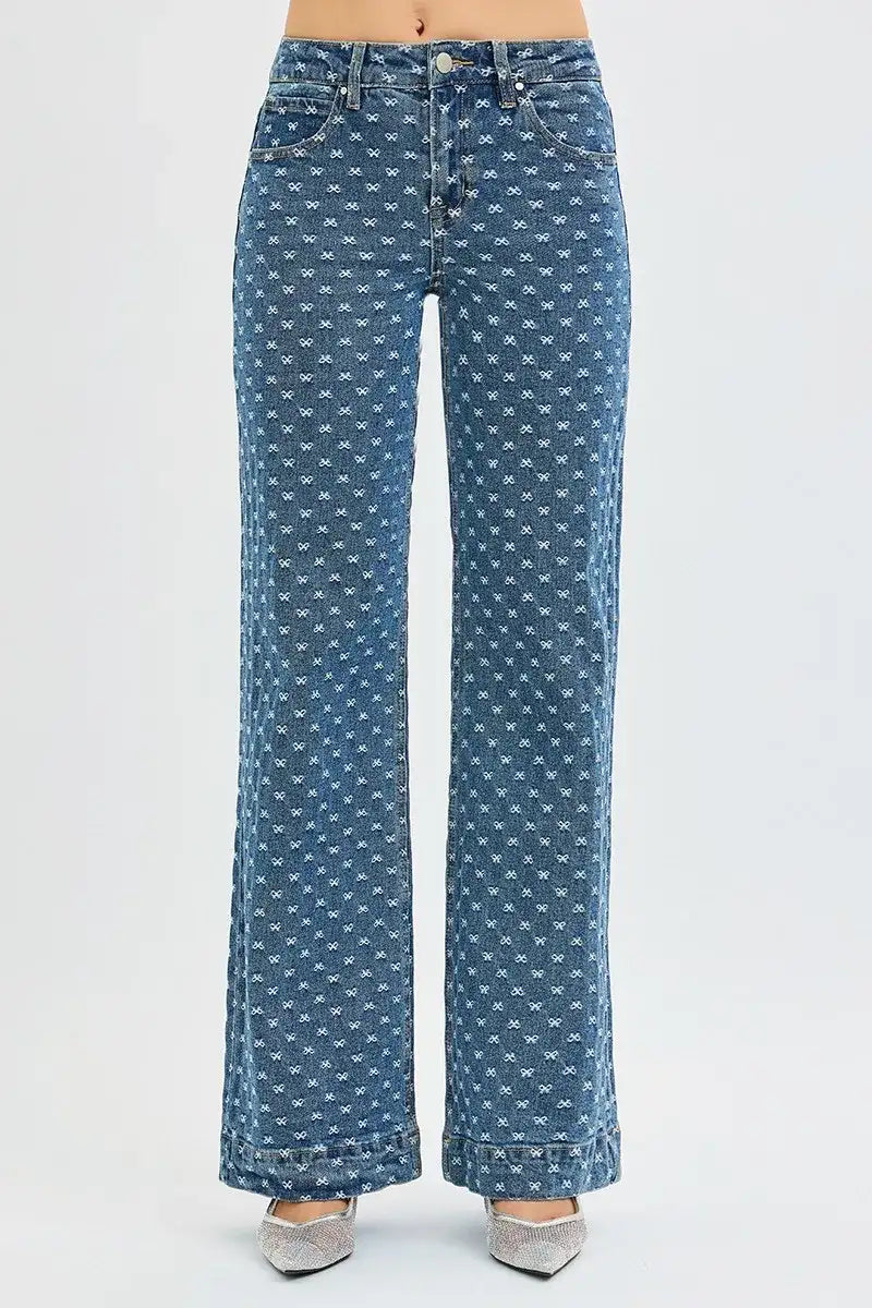RISEN High Rise Wide Leg Bow Embroidered Jeans - Jeans Junction Online