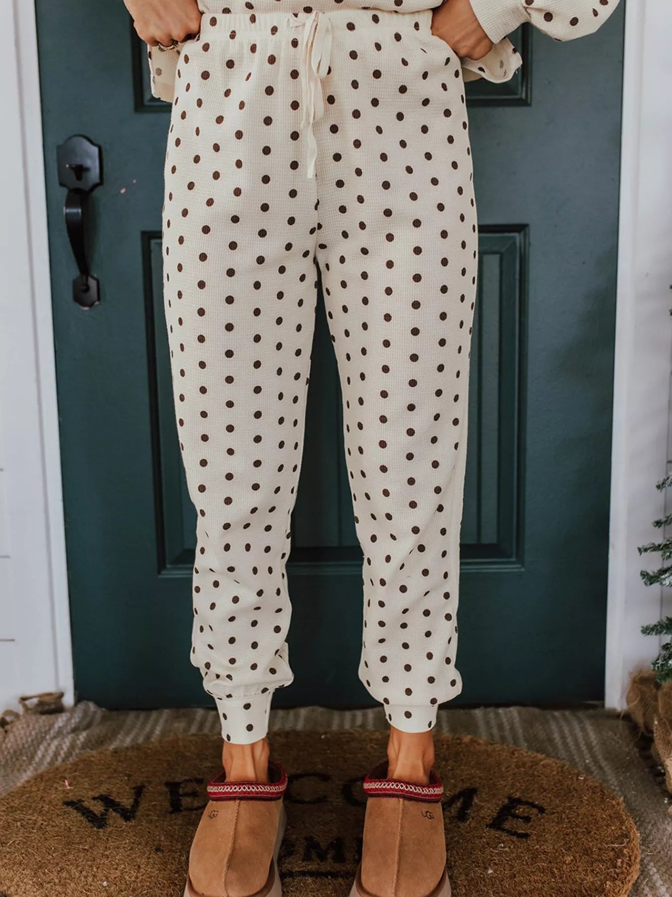 Polka Dot Notched Long Sleeve Top and Drawstring Joggers Lounge Set - Jeans Junction Online
