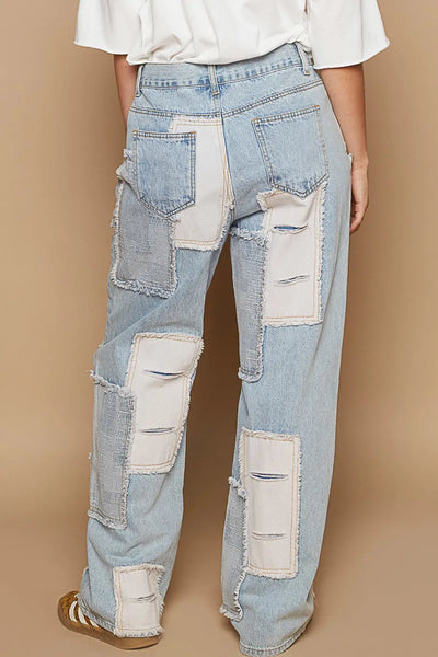 POL Contrast Patched Raw Hem Straight Jeans - Jeans Junction Online