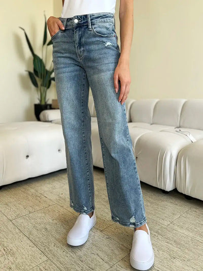 Judy Blue Full Size Mid Rise Distressed Straight Jeans - Jeans Junction Online