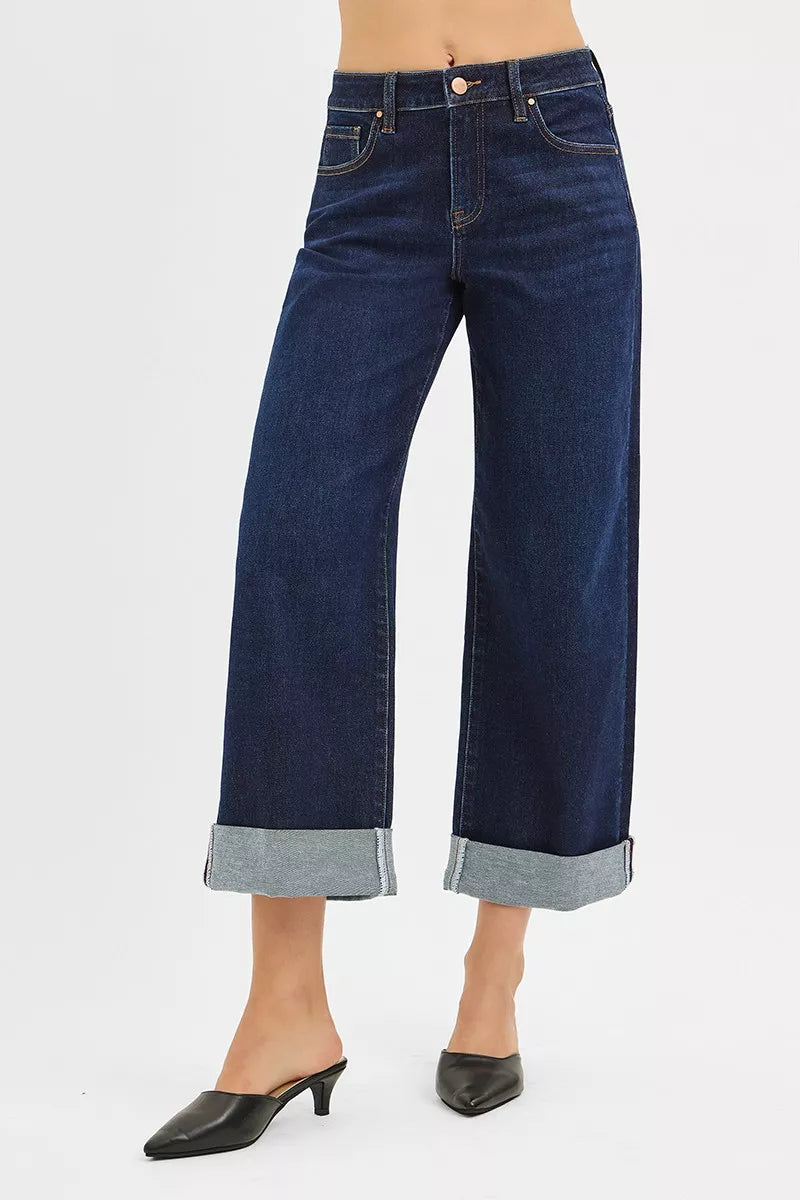 RISEN Mid Rise Fit Ankle Wide Roll Up Jeans - Jeans Junction Online