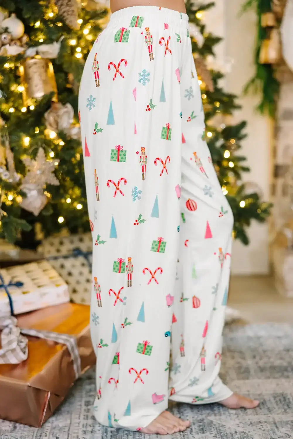 Christmas Printed Collared Neck Top and Pants Lounge Set - Jeans Junction Online