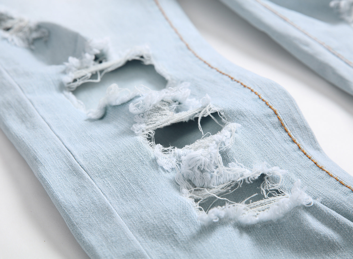 Men's Foreign Trade Light White Blue Big Hole Slim Jeans - Jeans Junction Online