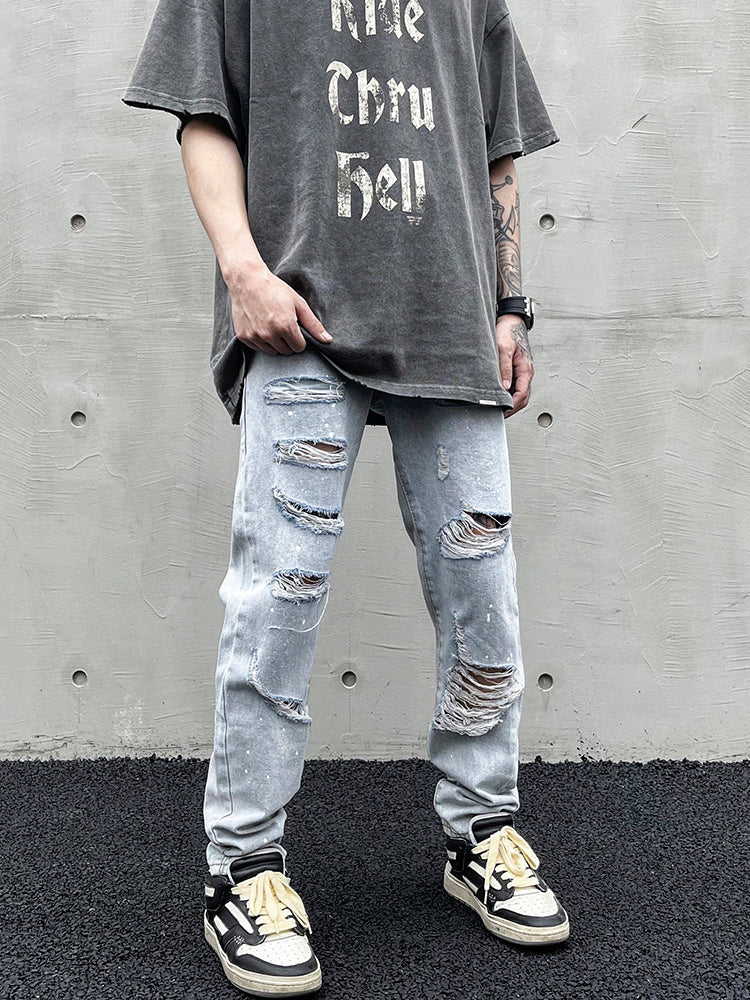 Distressed Slim-fit Jeans With Ripped Holes And Knife Cut With Splash Ink - Jeans Junction Online 