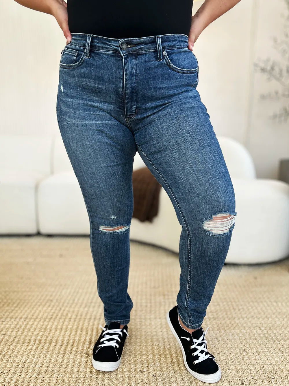 Judy Blue Full Size Mid Waist Distressed Slim Jeans - Jeans Junction Online