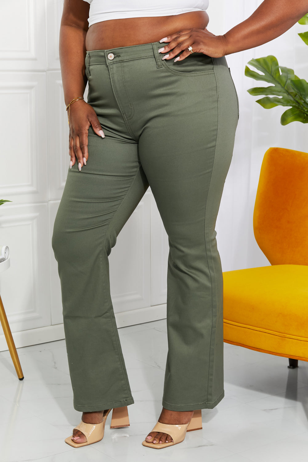Zenana Clementine Full Size High-Rise Bootcut Jeans in Olive - Jeans Junction Online