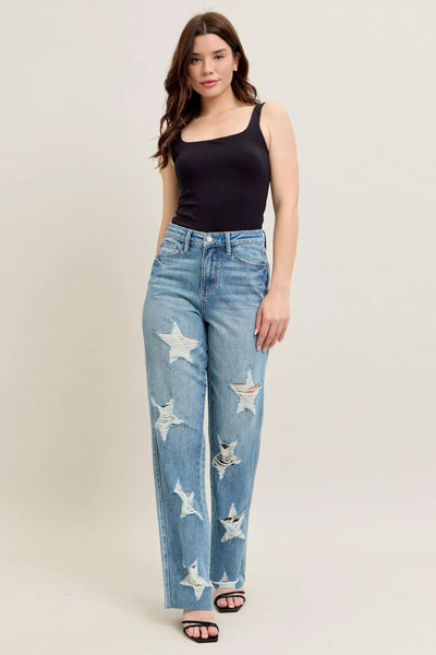 Judy Blue Full Size High Waist Rigid Magic Star Shaped Destroy 90's Straight Jeans Plus Size - Jeans Junction Online