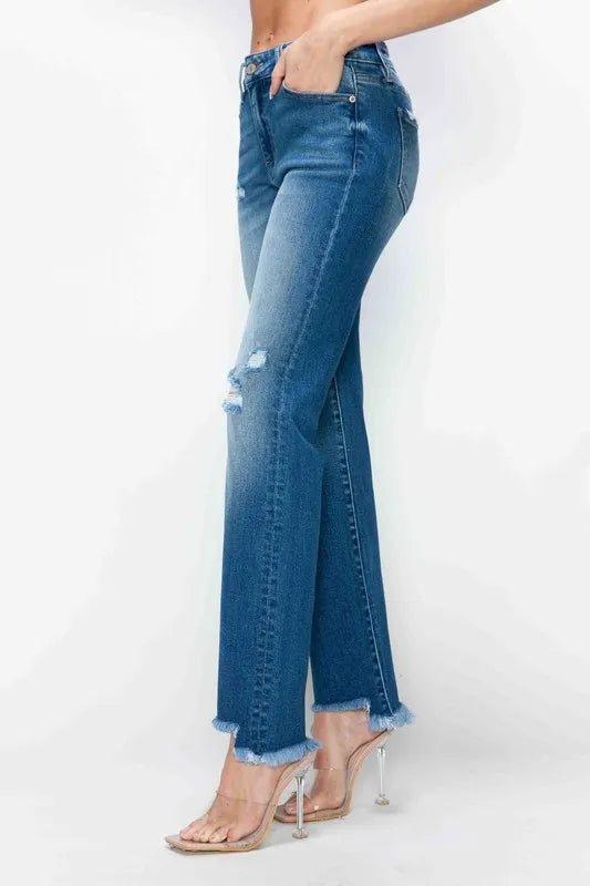 bytos Full Size Raw Hem Distressed Mid Rise Straight Jeans - Jeans Junction Online