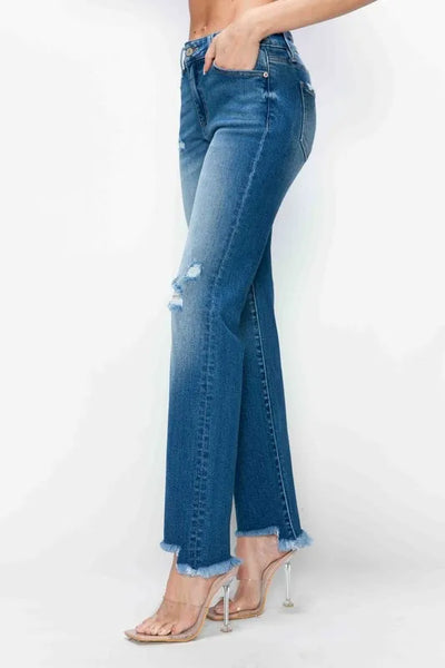 bytos Full Size Raw Hem Distressed Mid Rise Straight Jeans - Jeans Junction Online