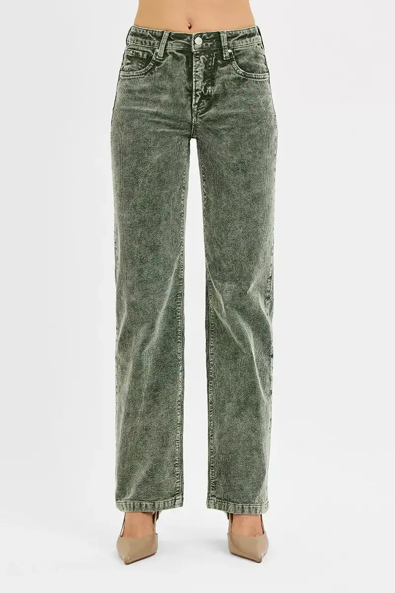 RISEN Tummy Control Mid Rise Straight Leg Corduroy Pants - Jeans Junction Online