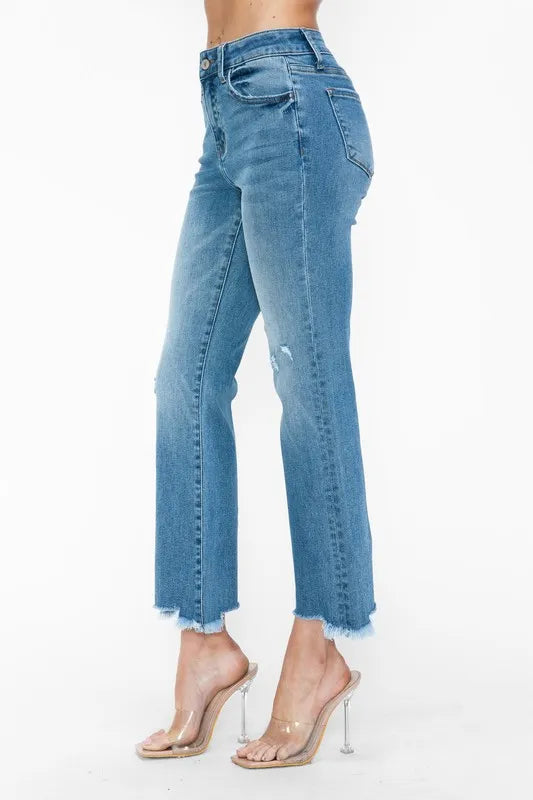 bytos Raw Hem Distressed Mid Rise Crop Jeans - Jeans Junction Online