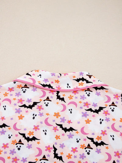 Halloween Ghost Print Button Up Top and Pants Lounge Set - Jeans Junction Online