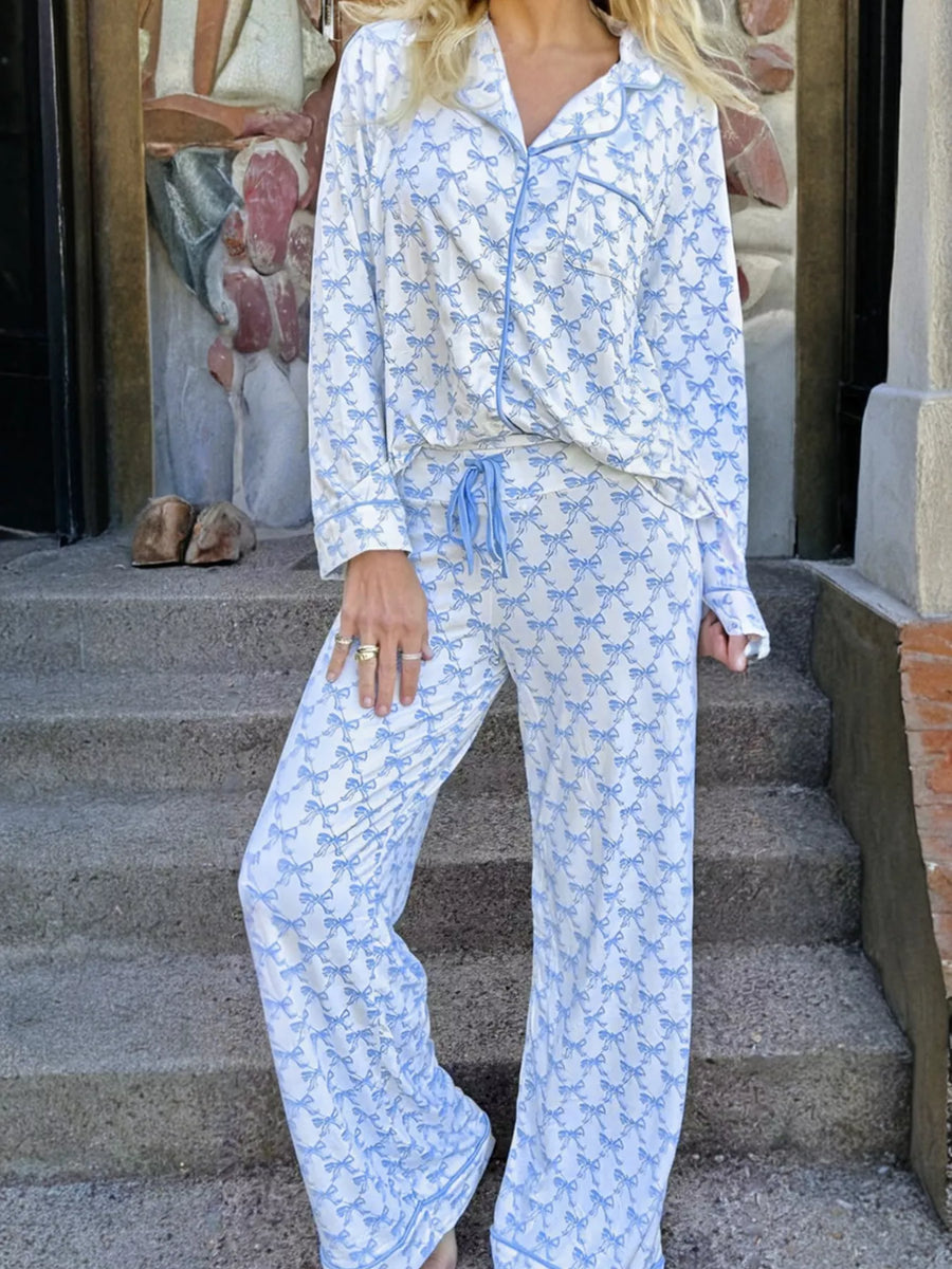 Bow Print Long Sleeve Shirt and Pants Pajama Set - Jeans Junction Online 