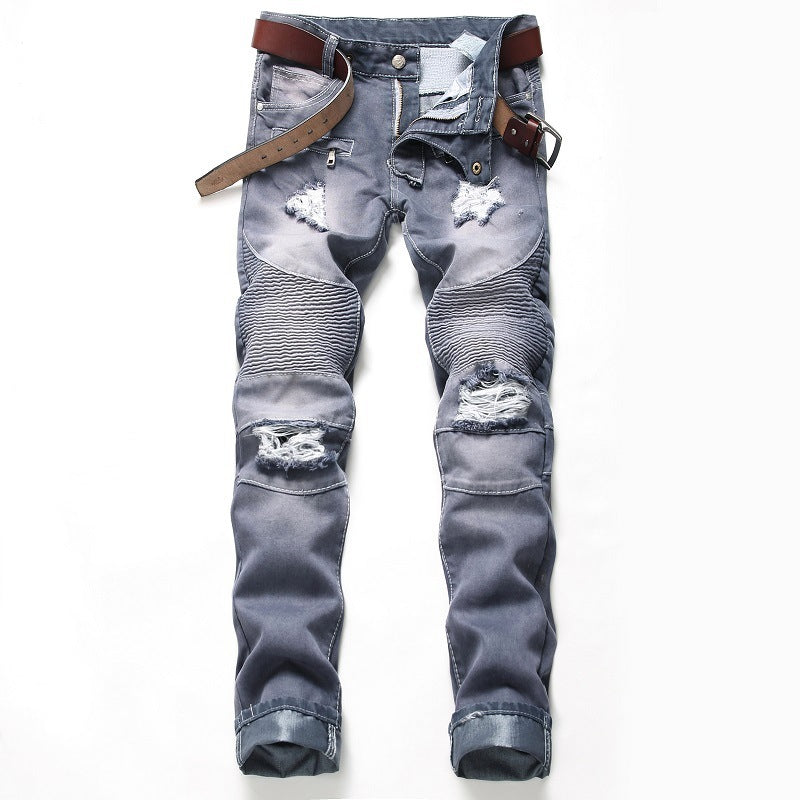 Nostalgic Ripped Motorcycle Jeans Straight Personality - Jeans Junction Online