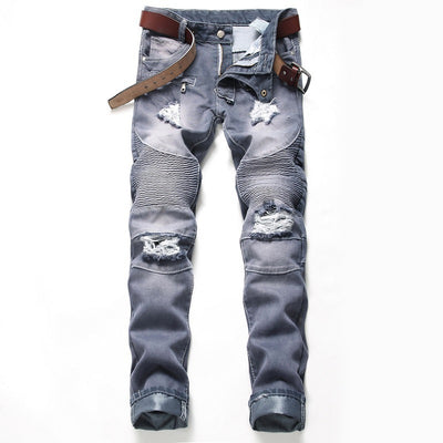 Nostalgic Ripped Motorcycle Jeans Straight Personality - Jeans Junction Online