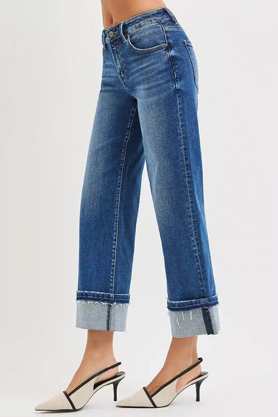 RISEN Mid Rise Ankle Straight Jeans with Cuffed Hem - Jeans Junction Online