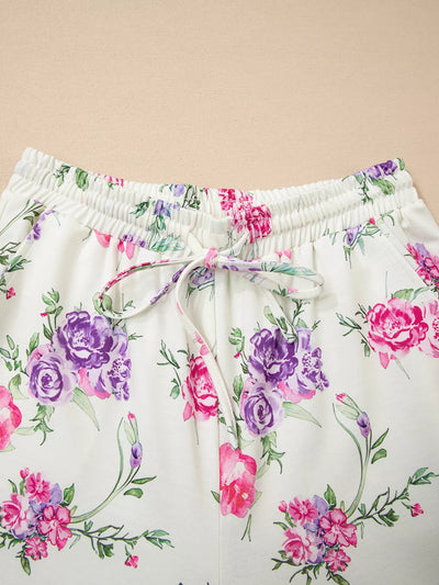 Floral Print Round Neck Top and Drawstring Pants Lounge Set - Jeans Junction Online