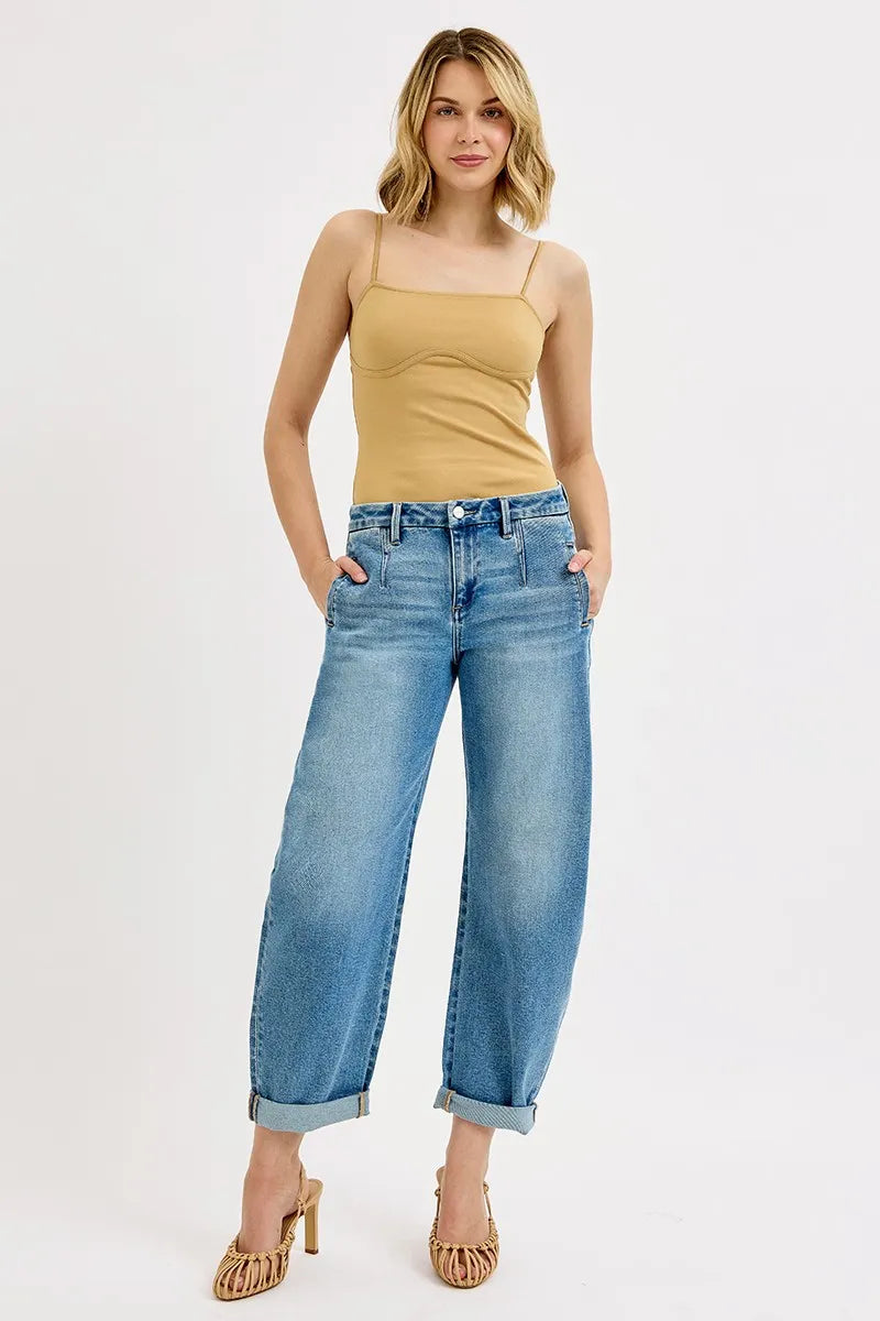 RISEN Full Size Mid Rise Fit Barrel Roll Up Jeans Plus Size - Jeans Junction Online