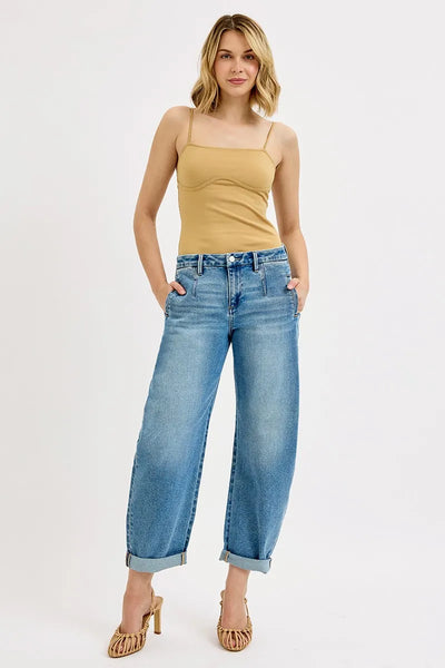 RISEN Full Size Mid Rise Fit Barrel Roll Up Jeans Plus Size - Jeans Junction Online