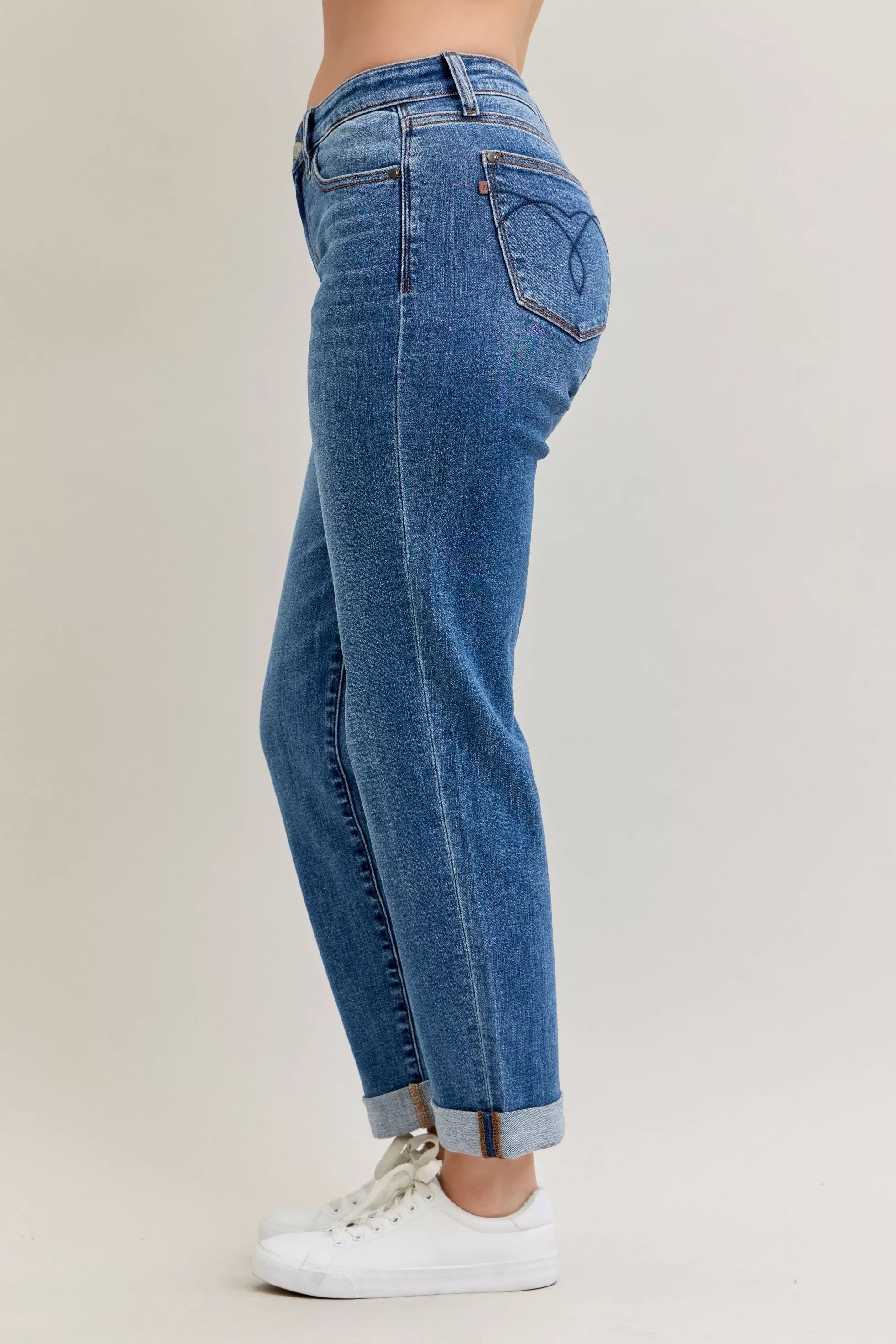 Judy Blue Full Size Mid Rise BF Classic Cuffed Jeans Plus Size - Jeans Junction Online